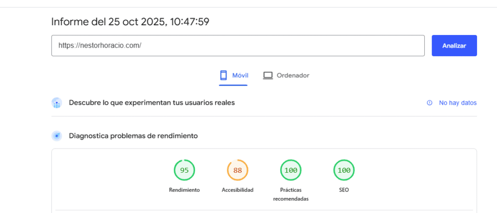 Resultado de PageSpeed Insights en móvil: 95 de rendimiento